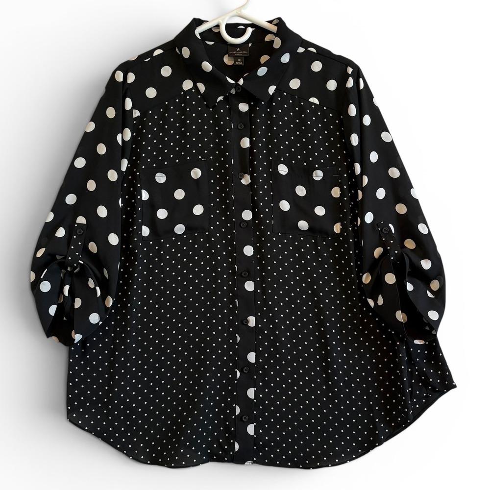 Worthington Women's Black White Mixed Polka Dot Roll Tab Sleeve Blouse Size 1X